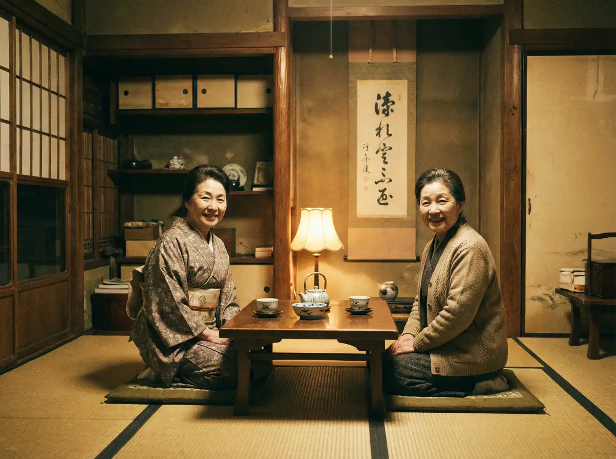 两位优雅的 花都影视 在日式茶室中品茶交谈